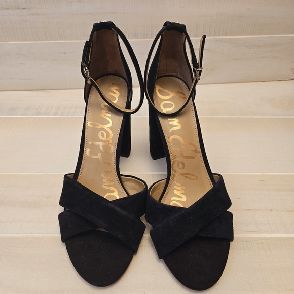 {11} Sam Edelman Yancy Block Heel Ankle Strap Sandals in Black Suede - Picture 2 of 16